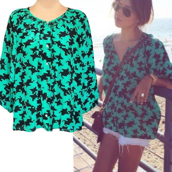 NWOT Moda International Blouse Sz.L 100% Silk Green Black Balloon Sleeve 90s - Picture 1 of 16